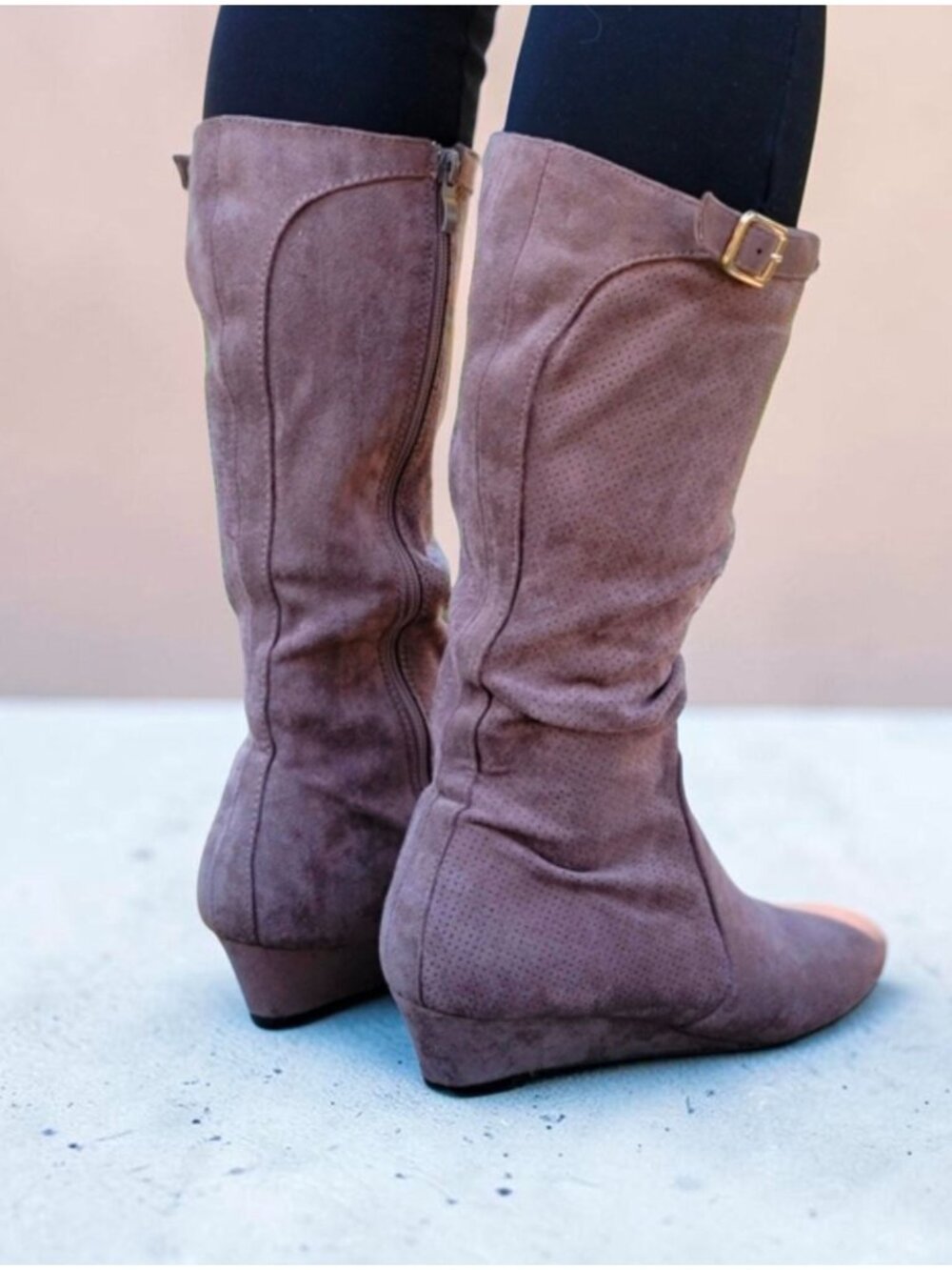 Taupe Knee-High Wedge Suede Boots With Buckle Detail Side Zipper And Textured Fi - Picture 9 of 9